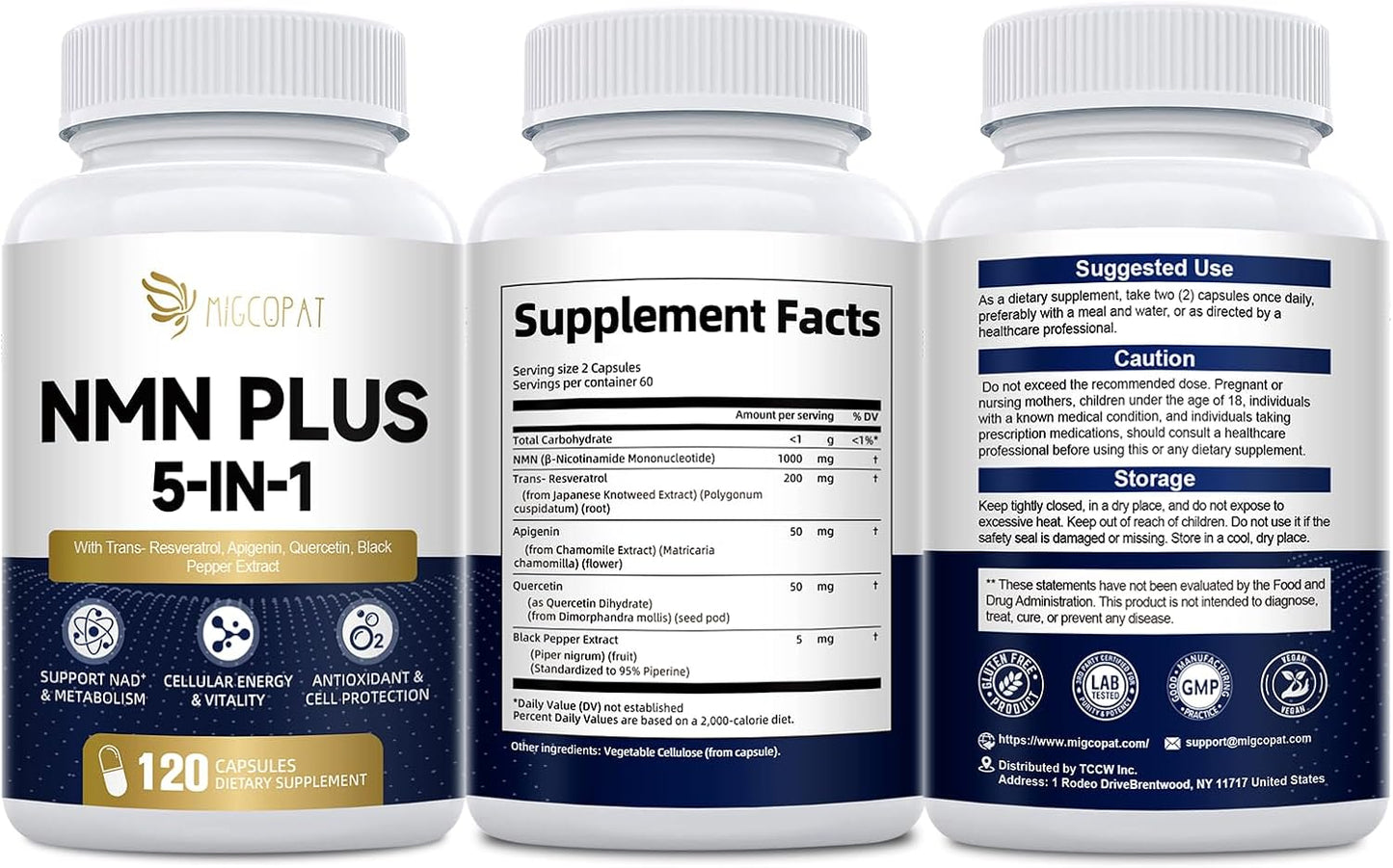 Migcopat NMN Supplement 1000mg – NMNH Alternative 5-in-1 NAD Supplement w/Resveratrol, Apigenin, Quercetin & Black Pepper – Supports Cellular Energy, Healthy Aging & Longevity – 120 Veggie Capsules