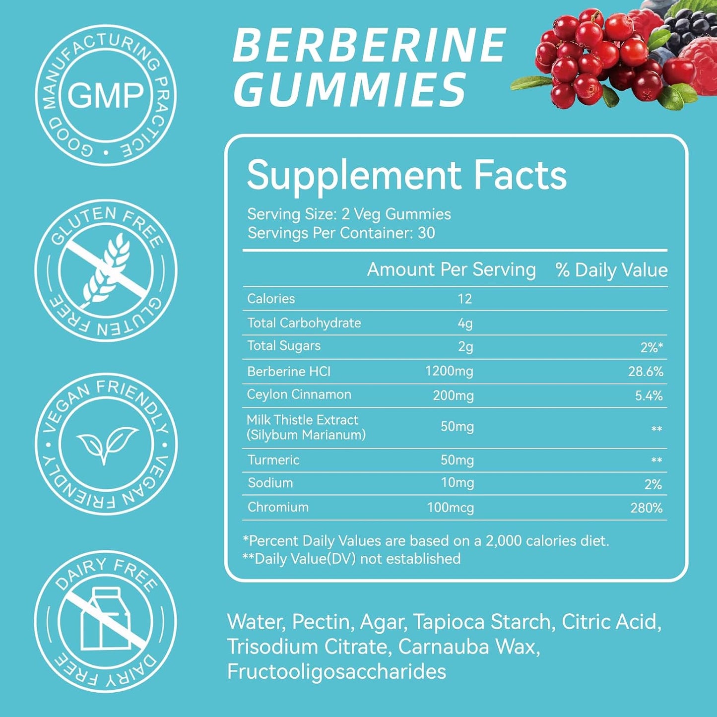 Berberine Gummies 1200mg with Ceylon Cinnamon 200mg, Milk Thistle Extract & Turmeric, Vegan Berry Flavor, Non-GMO, Gelatin-Free, Gluten-Free, 60 Count