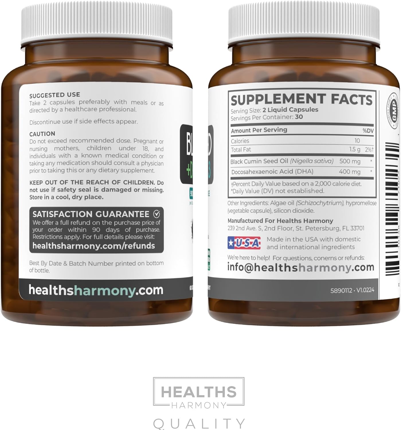 Cold-Pressed Black Seed Oil Capsules - Vegan Non-GMO Nigella Sativa Black Seed Oil Supplement with Omega 3 DHA for Full Body Wellness & Brain Support - Vegan Omega 3 & Thymoquinone-Rich (1 Month)