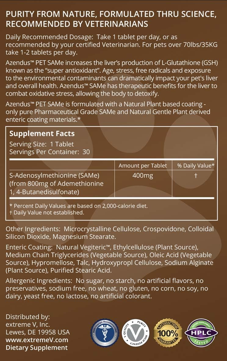 Azendus Natural Pet SAM-e 400mg, 30 Count, Same Butanedisulfonate Fiber Enteric Coated Tablets.