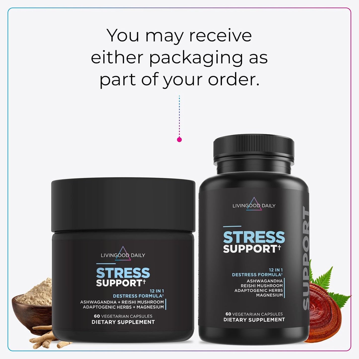 Livingood Daily Stress Support, 12-in-1 Supplement with Ashwagandha, Reishi Mushroom, Vitamin B6, Adaptogenic Herbs & Magnesium, Supports Mood & Calm, Gluten Free, Vegan, 60 Vegetarian Capsules