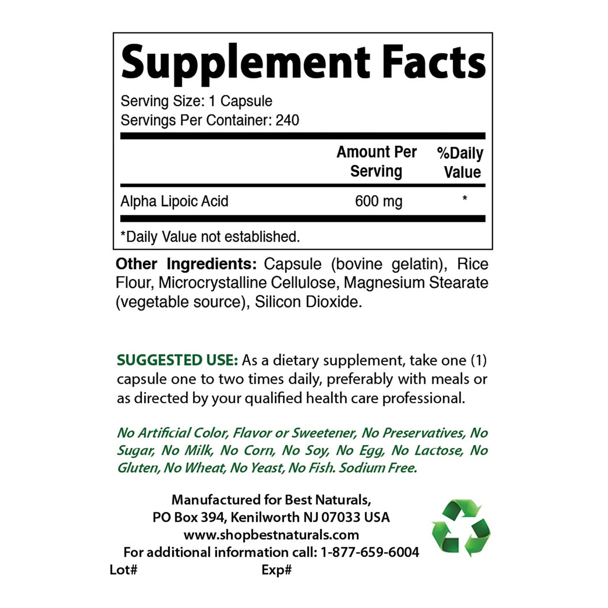 Best Naturals Est Alpha Liopic Acid 600 Mg Capsule with Powerful Antioxidant, 240 Count