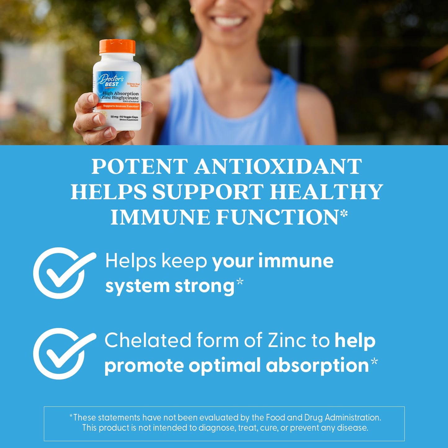 Doctor's Best High Absorption Zinc Bisglycinate 50mg High Potency Supporting Enhancing Immune System Antioxidant VC, 90 Count