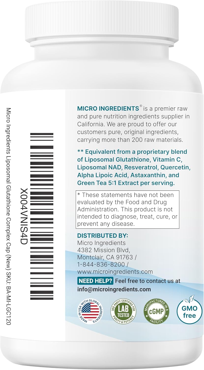 Micro Ingredients Liposomal Reduced Glutathione Complex 3,000mg - 8‑in‑1 Advanced Glutathione Supplement with NAD, Resveratrol, Quercetin, Alpha Lipoic Acid & Vitamin C - 120 Vegetarian Caps
