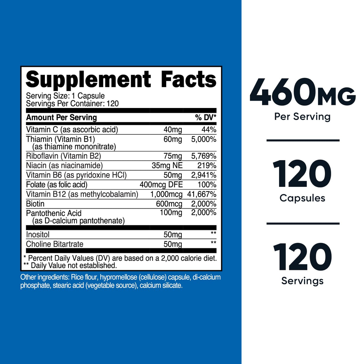 Nutricost High Potency Vitamin B Complex 460mg, 120 Capsules - with Vitamin C - Energy