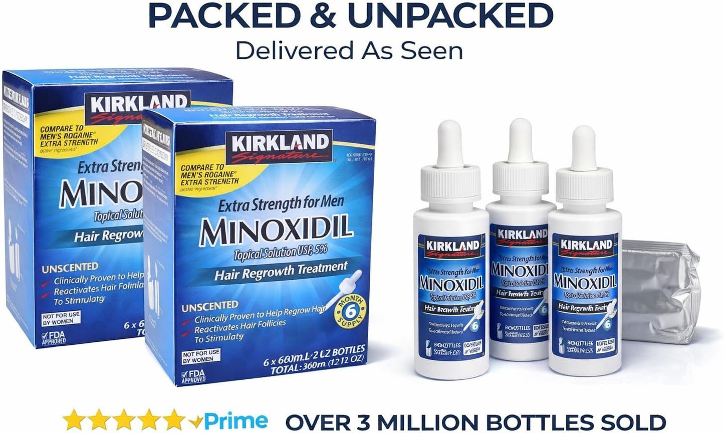Kirkland Minoxidil 5% Extra Strength Men Hair Regrowth (12 Month Supply) | 5% minoxidil topical solution for men; extra strength hair regrowth treatment; unscented; 12 month with dropper