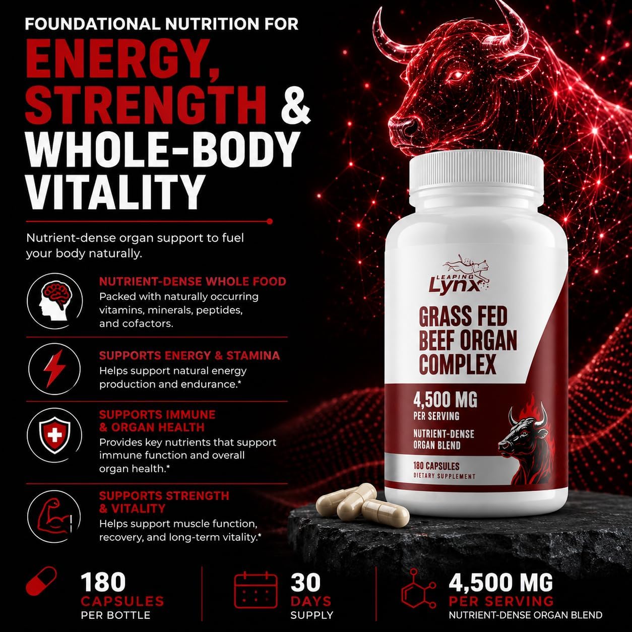 Grass Fed Beef Liver Capsules 4,500 mg – Desiccated Beef Liver Supplement – 180 Liver Capsules – Grassfed Beef Organ Supplement – Energy, Iron & Ancestral Whole Food Support – Non-GMO, ISO-Certified