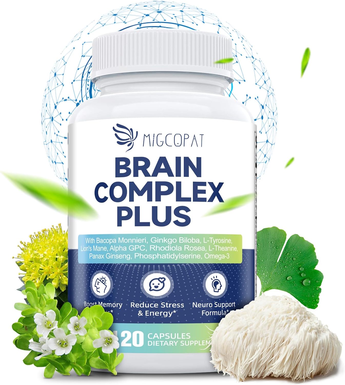 Brain Supplements for Memory & Focus - Nootropic with Bacopa Monnieri, Lion's Mane, Alpha GPC, Phosphatidylserine | Supports Mental Clarity & Cognitive Function | Vitamin B6 & B12-120 Capsules