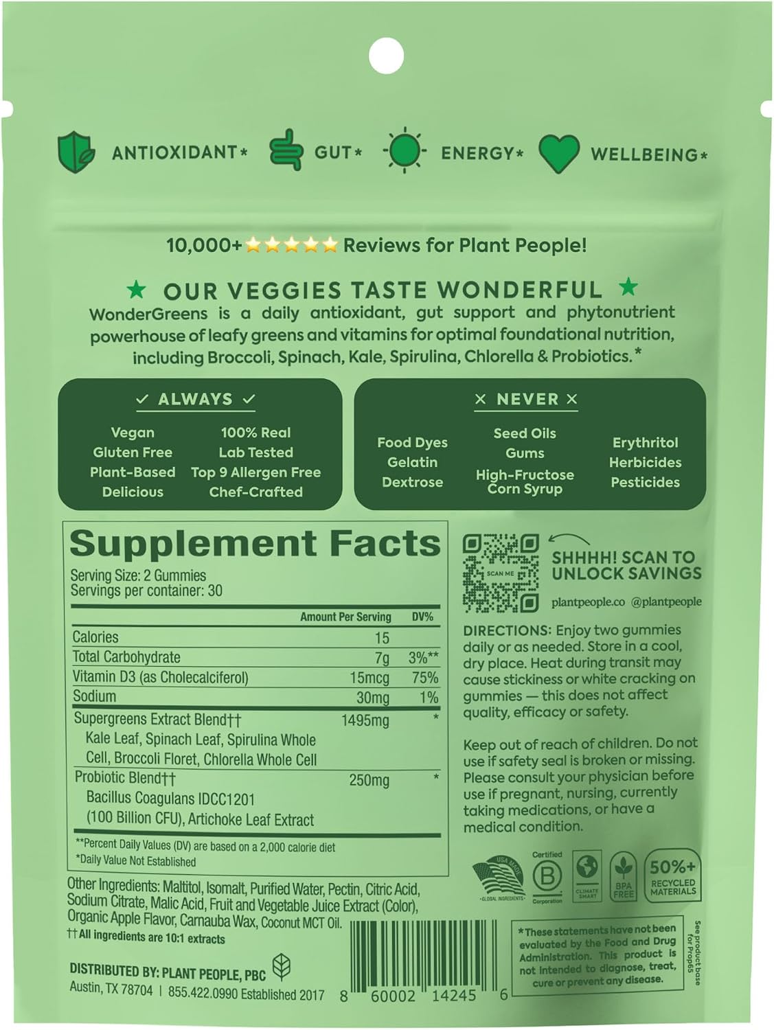 Plant People WonderGreens Veggie Gummies, Super Greens & Probiotics, 60ct
