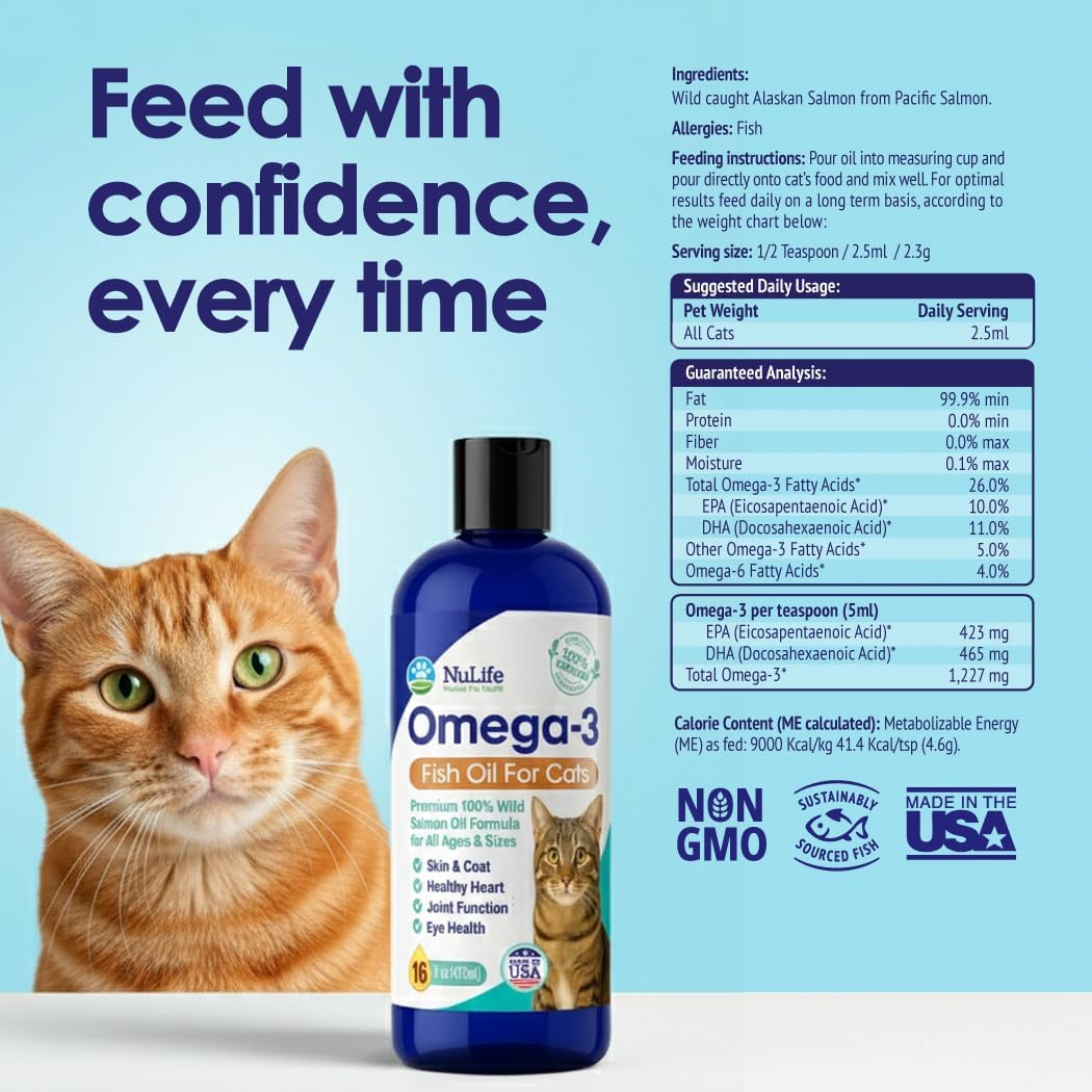 Premium Omega 3 Fish Oil for Cats - Wild Alaskan Salmon Oil Supplement for Skin and Coat - Liquid Cat Supplement for Shedding Control & Cat Dandruff