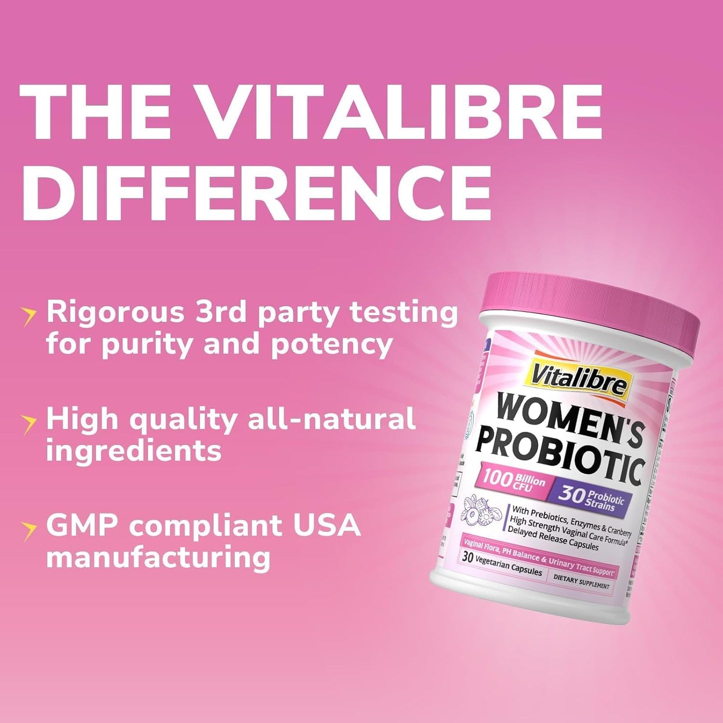 Vitalibre Probiotics for Women 30 Strains, 100B CFUs Vaginal Probiotics | with Digestive Enzymes, Prebiotics & Cranberry for Urinary Tract Health, pH Balance, 30 Veggie Capsules