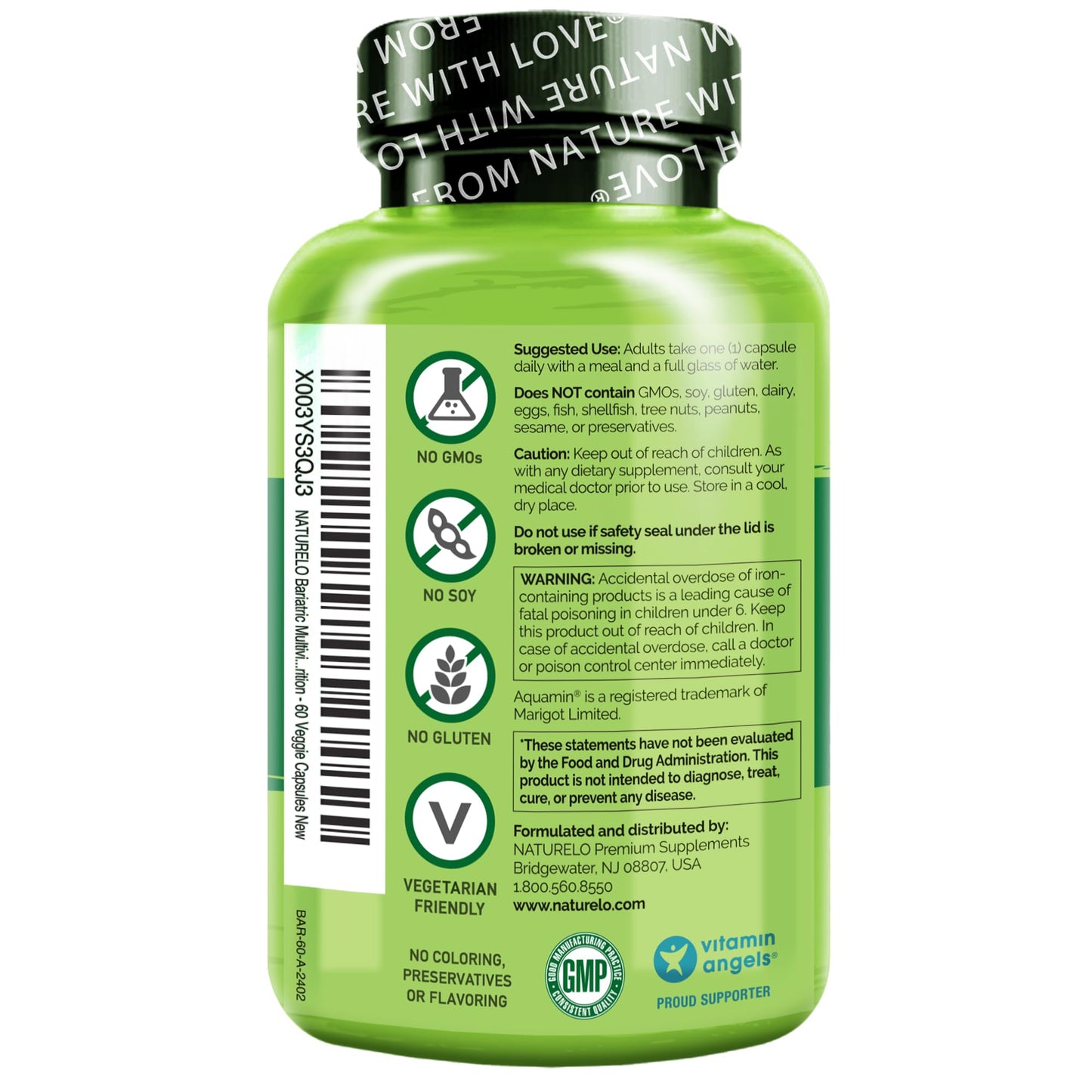 NATURELO Bariatric Multivitamin - One Daily with Iron - Supplement for Post Gastric Bypass Surgery Patients - Natural Whole Food Nutrition - 60 Veggie Capsules (Pack of 2)