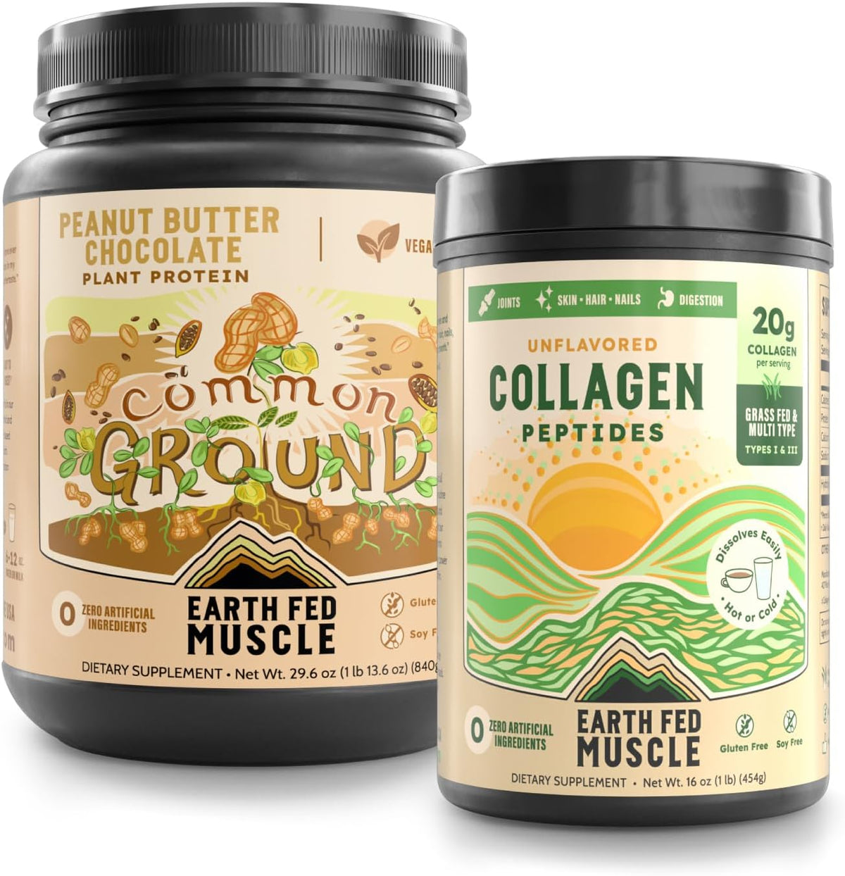 Earth Fed Muscle Wellness Bundle – Common Ground Plant Protein (Chocolate Peanut Butter) + Collagen Peptides – Muscle Recovery, Joint & Skin Support – 2-Pack