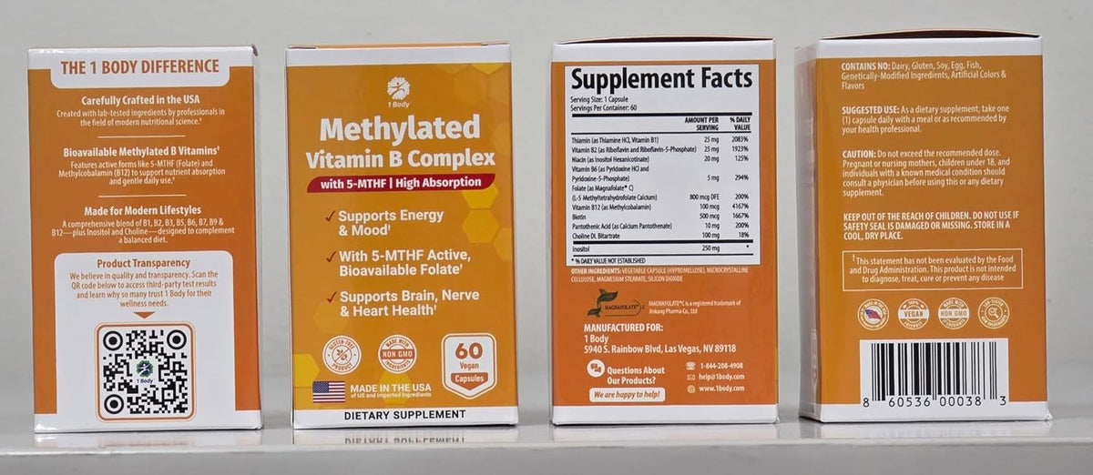 1 Body Methylated Vitamin B Complex, 5-MTHF & Methyl B12, 60 Capsules