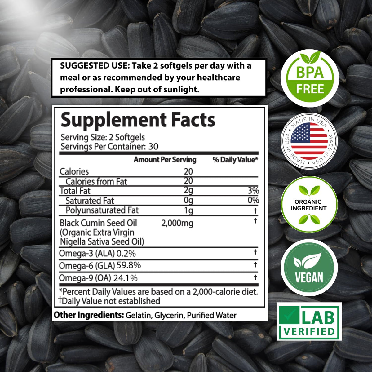 Organic Black Seed Oil 2000mg - 60 Softgel Capsules (Non-GMO) Premium Cold-Pressed