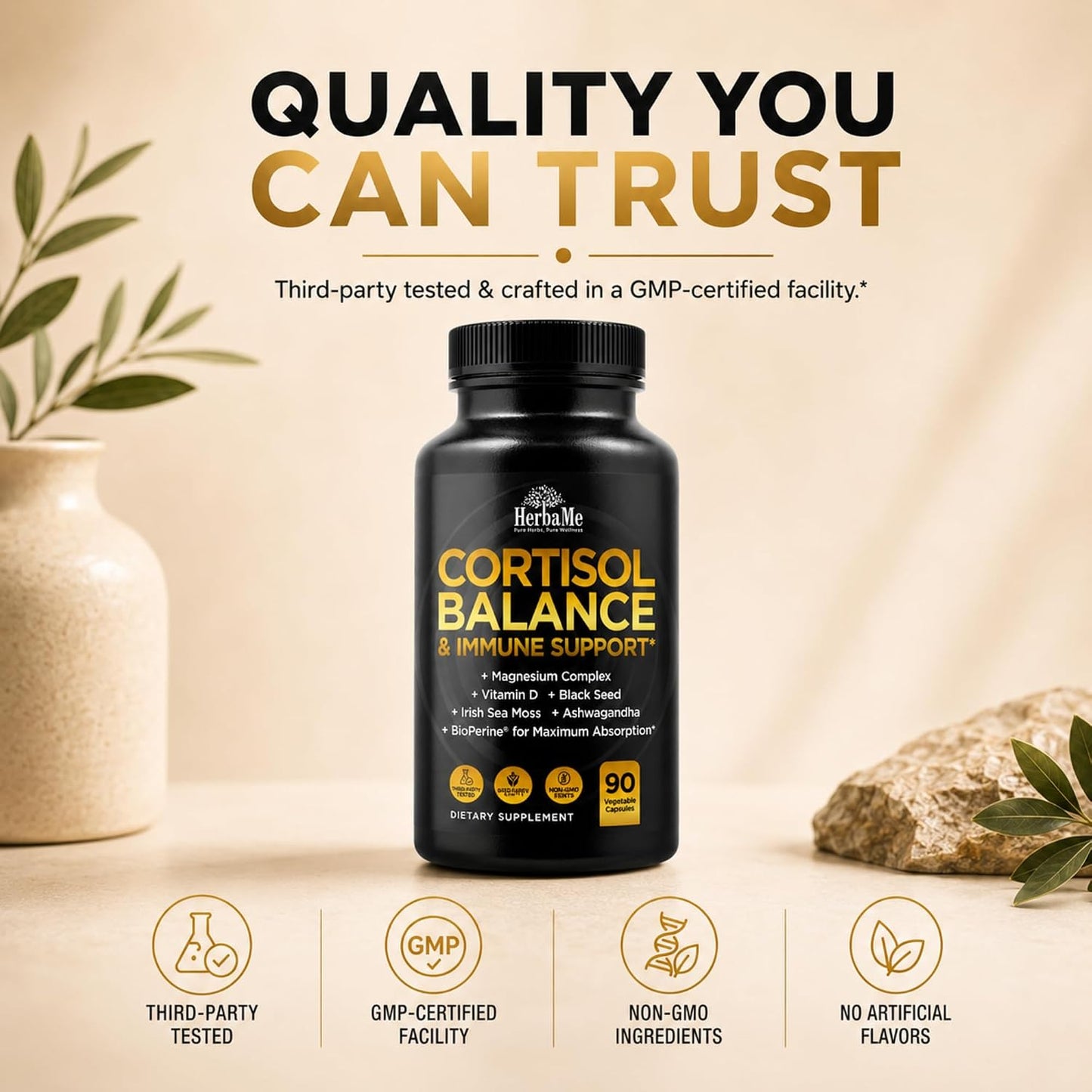 HerbaMe Stress Support Supplement for Calm Mood & Balanced Energy – Supports Healthy Cortisol Levels & Nervous System Function – Ashwagandha, Magnesium, Vitamin D, Black Seed, Sea Moss, 90 Capsules