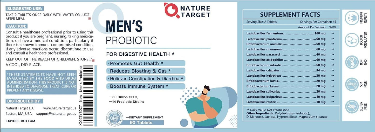 NATURE TARGET Probiotics for Men, 60 Billion CFU, 90 Veggie Tablets | 14 Strains Probiotics & Prebiotics for Men's Digestive & Immune Health, Shelf Stable, Gluten & Soy Free