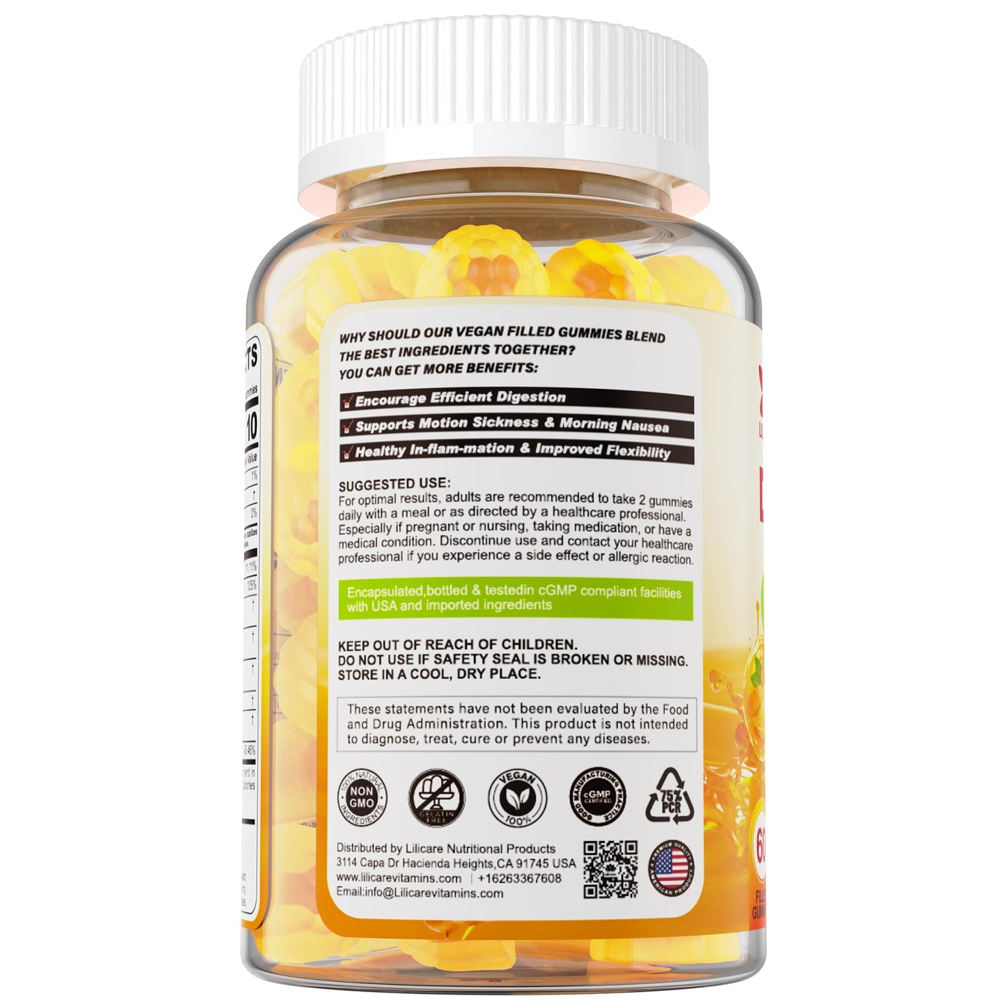 LILICARE Ginger Chews Gummies for Nausea & Digestive Support, Stomach Relief - Sugar Free with Turmeric & Odorless Garlic, Quercetin, Vitamin D3, C, Delicious Digestive Supplements, 60Cts (Pack of 1)