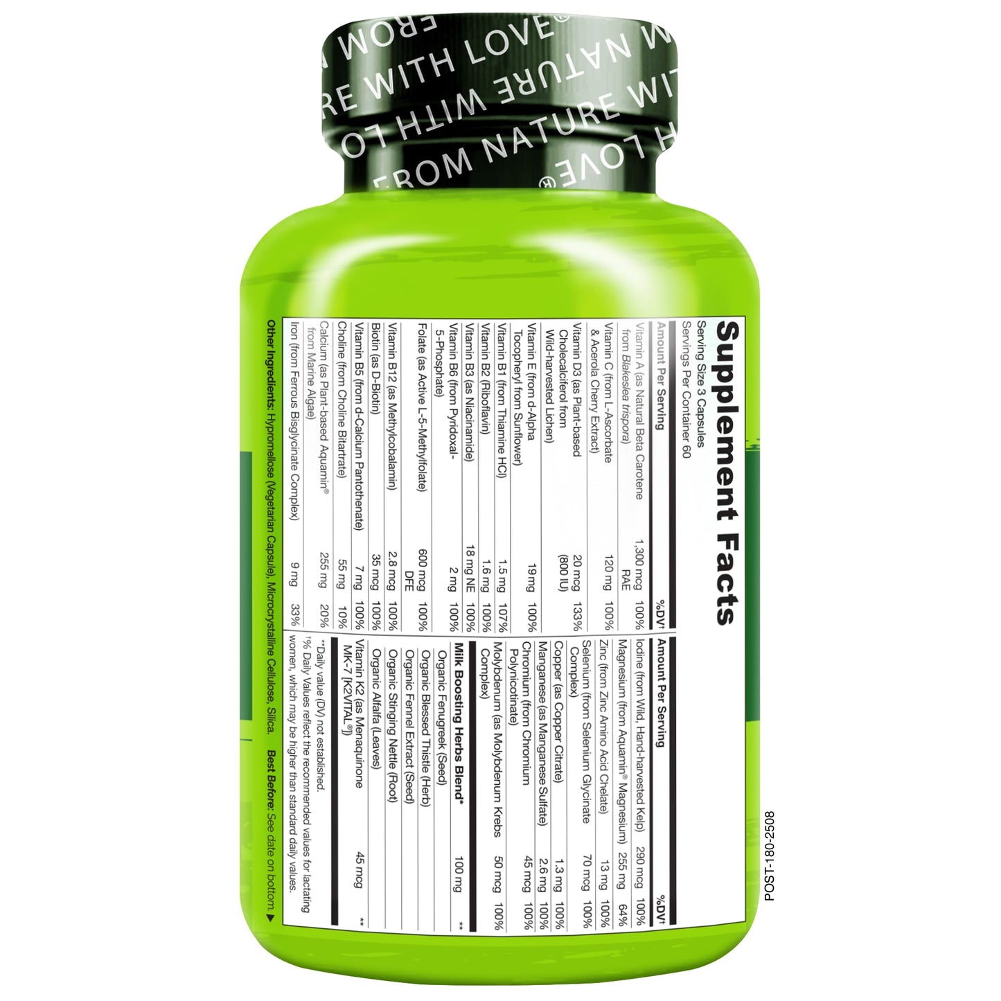 NATURELO Postnatal Multivitamin - Supplement for Breastfeeding Women - Plant-Based Vitamin D, Folate, Gentle Iron - for Nursing Mother, Baby - Post Natal Lactation Support 180 Capsules