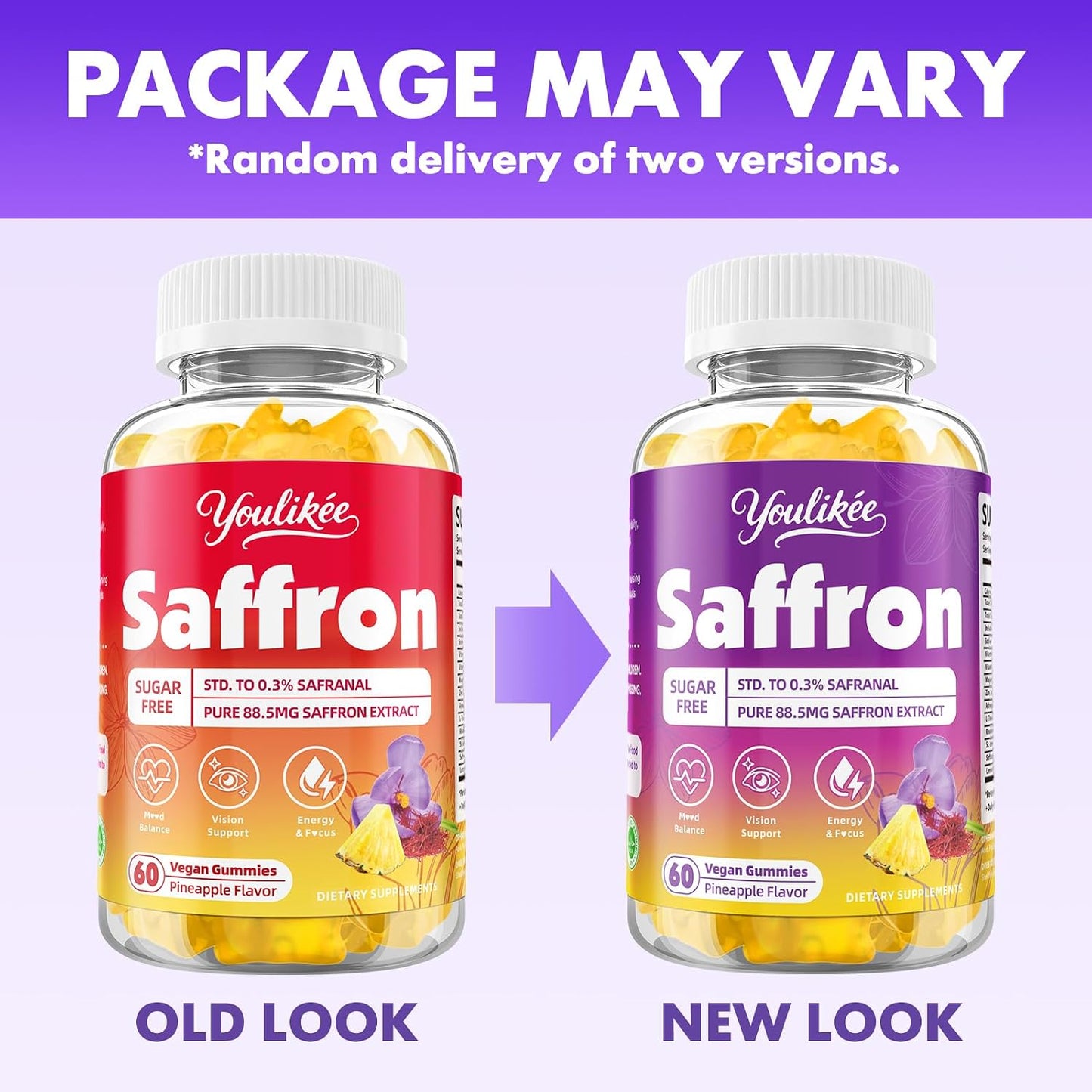 Saffron Gummies 88.5mg, Pineapple Flavor, 60 Count