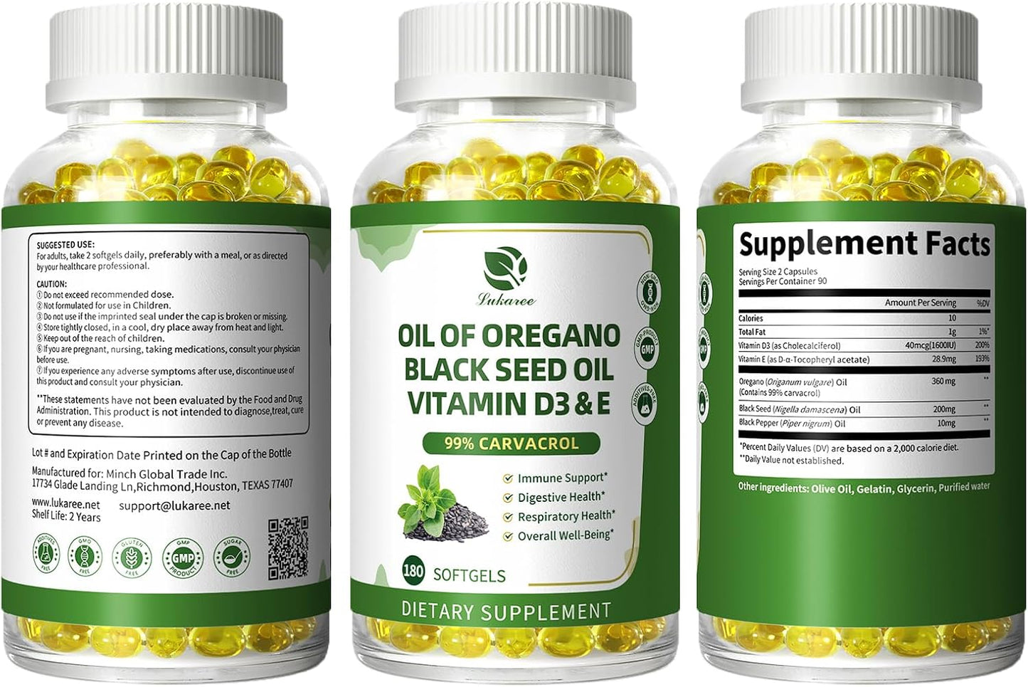 Oregano Oil Softgels with Black Seed Oil, 99% Carvacrol, 180 Ct, 3 Month | 5-in-1 with Vitamin D3 E Black Pepper, Immune, Respiratory, Digestive & Antioxidant*, Ultra-Concentrated, Easy to Swallow