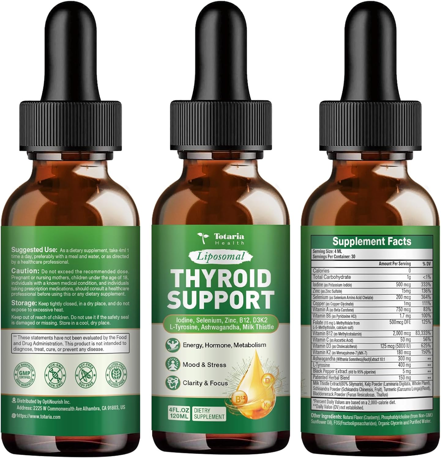 Totaria Thyroid Support for Women & Men, Selenium, Iodine, Zinc, L-Tyrosine, Ashwagandha, B12, Milk Thistle, Kelp, Bladderwrack, Energy, Metabolism, Hormone & Mood, 4 Fl.Oz