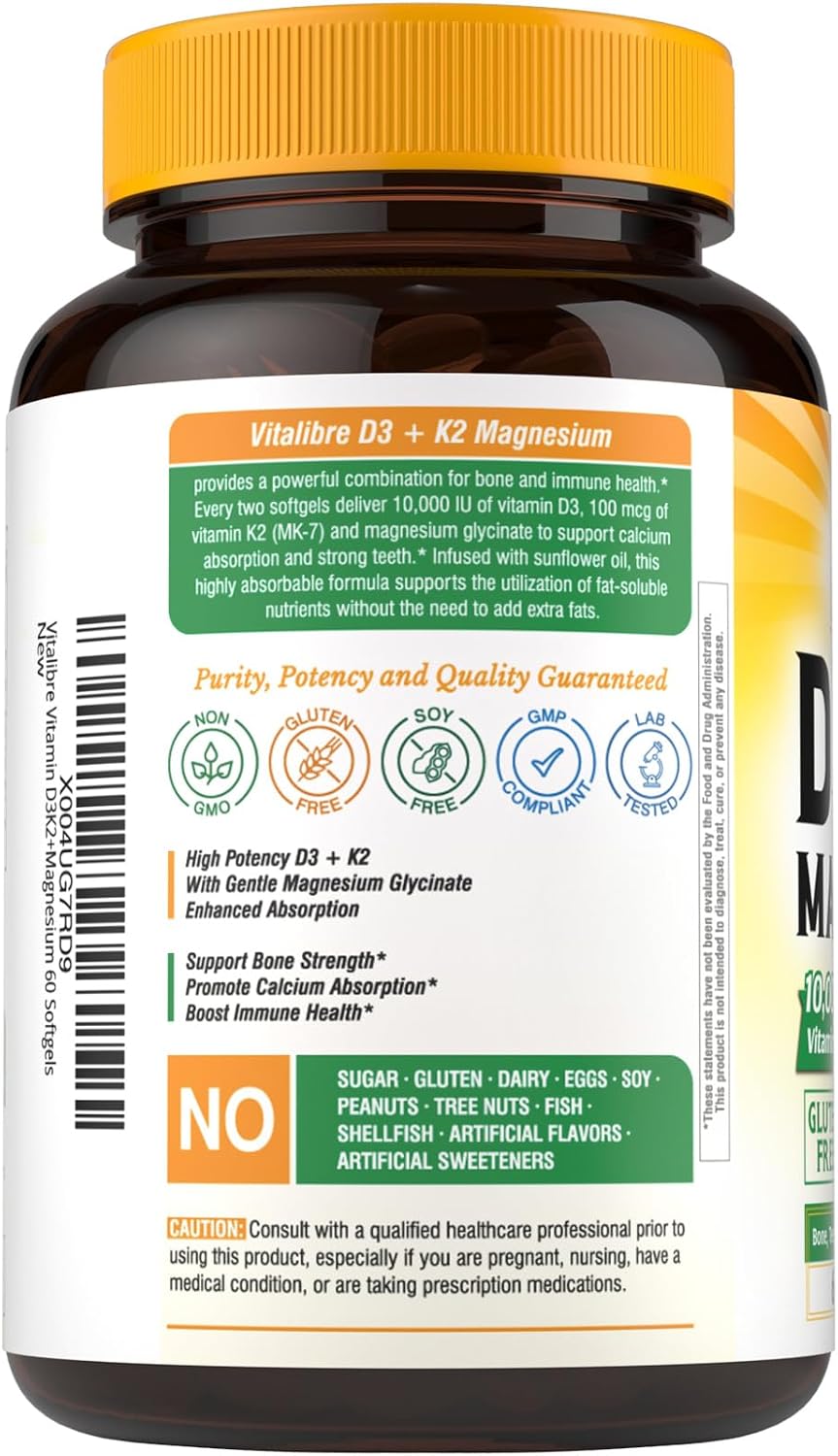 Vitalibre Vitamin D3 K2 10000 IU + Magnesium Glycinate, 60 Mini Softgels | High Absorption D3 K2 Vitamin 10000 IU for Bone, Teeth, Immune & Energy Support, Non-GMO, Easy to Swallow