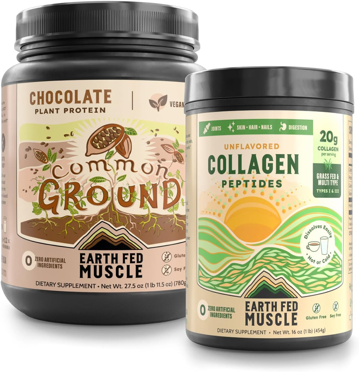 Earth Fed Muscle Vegan Protein & Collagen Bundle – Chocolate Plant-Based Protein Powder + Unflavored Collagen Peptides – Clean Recovery & Beauty Support – Gluten-Free, Dairy-Free, Keto Friendly