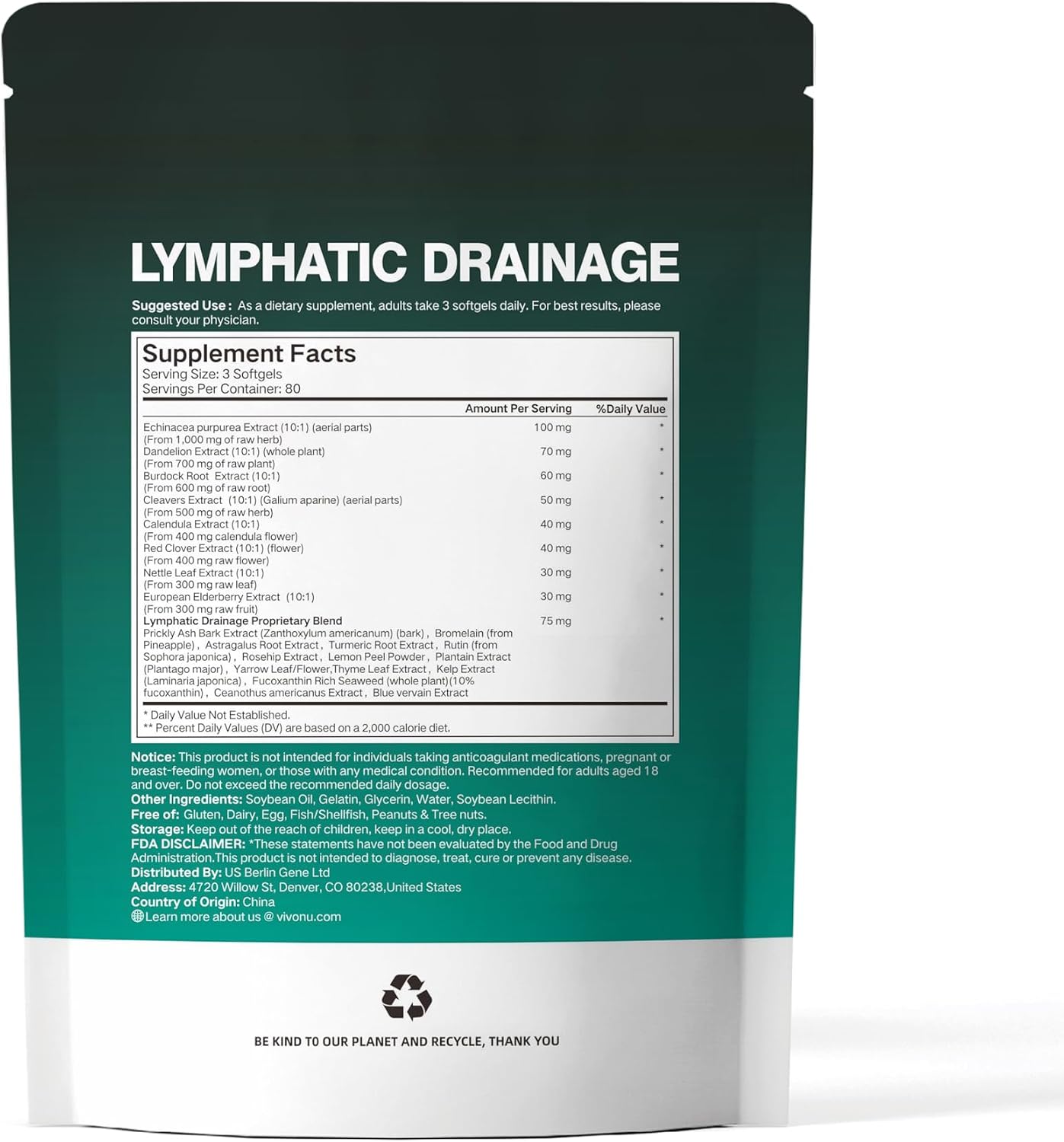 Lymphatic Drainage Supplement – 4275mg per Serving, 21-in-1 Advanced Botanical Formula, Lymph System Support with Echinacea, Dandelion, Burdock, Bromelain, Calendula, Turmeric – 240 Softgels, 1 Bag