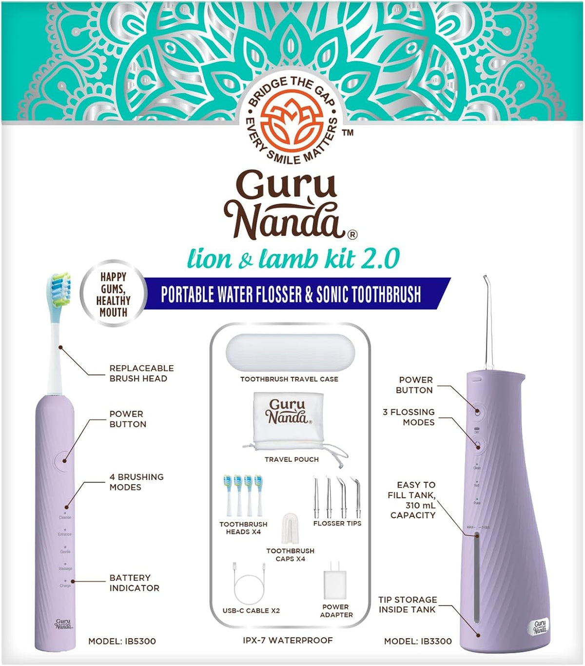 GuruNanda Electric Toothbrush & Water Flosser, 4 Toothbrush Heads, 4 Tips
