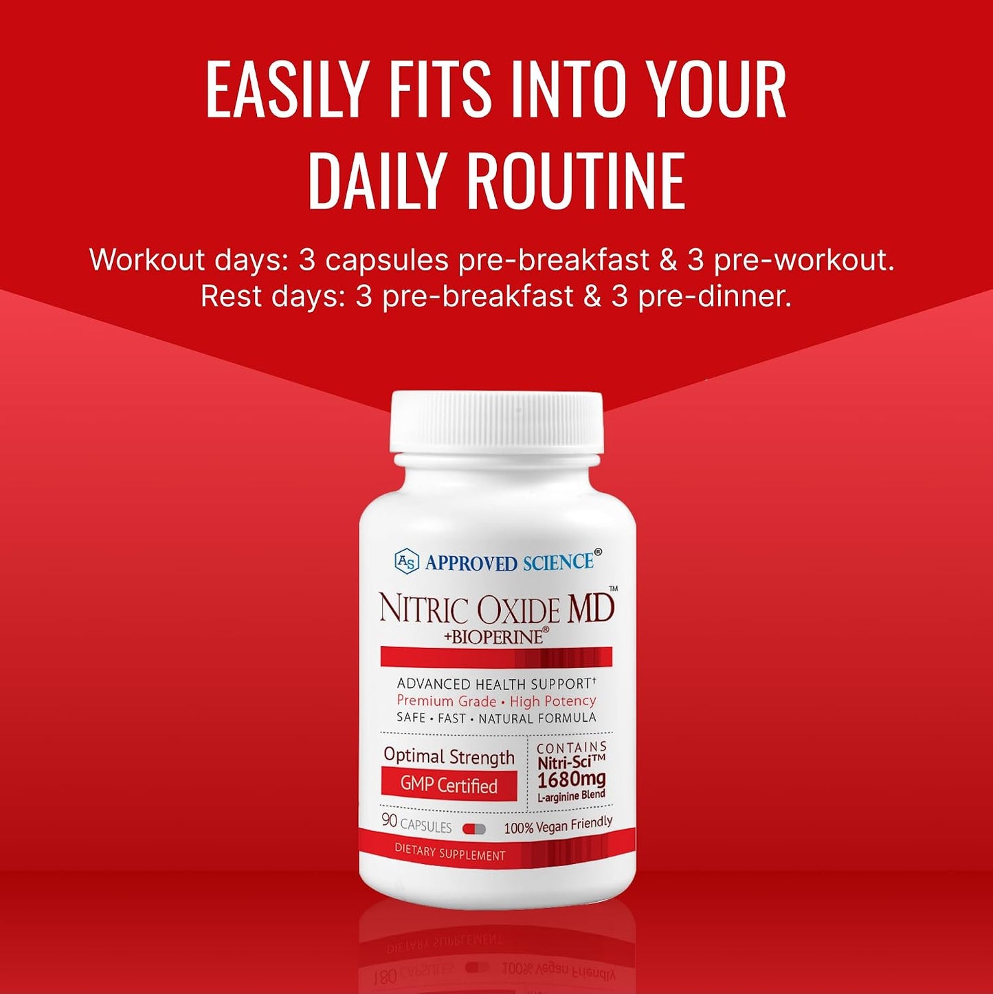 Approved Science Nitric Oxide MD - Muscle Development, Lean Body Mass, Improve Oxygen Supply, Boost Energy - 90 Capsules - 1 Bottle