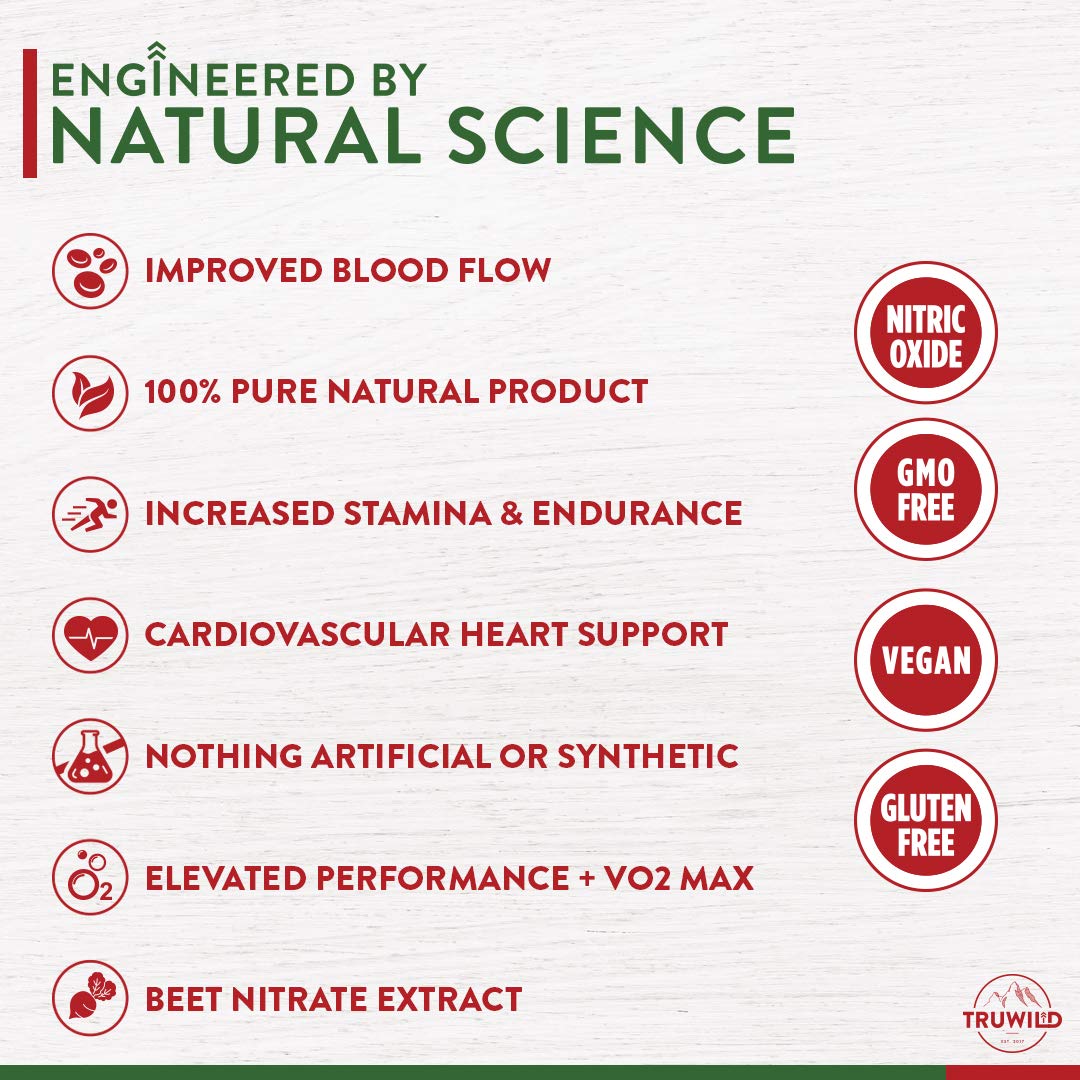 TruWild All Natural Beet Root Powder- Nitric Oxide Booster - 1000mg - Vegan Superfood Capsule Supplement – Beetroot Extract Supports Overall Health, Performance, & Stamina – 30 Servings