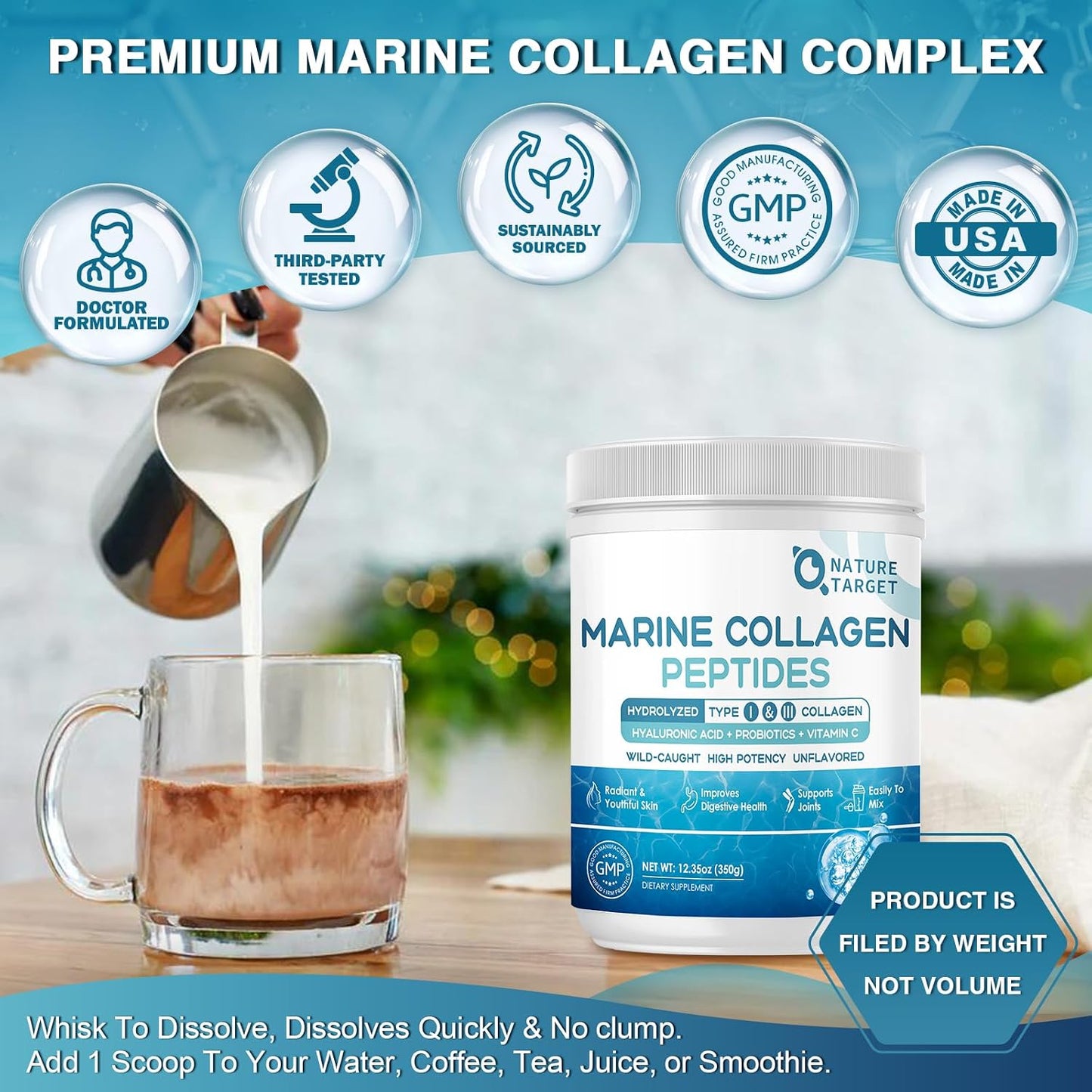 NATURE TARGET Marine Collagen Peptides Powder, 35 Servings | Type I & III Collagen, Probiotics, Vitamin C & Hyaluronic Acid, For Skin, Hair, Nails, Wild-Caught Fish & Grass-Fed Bovine