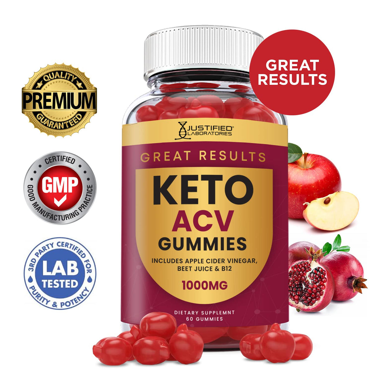 Justified Laboratories Great Results Keto ACV Gummies 1000MG with Pomegranate Juice