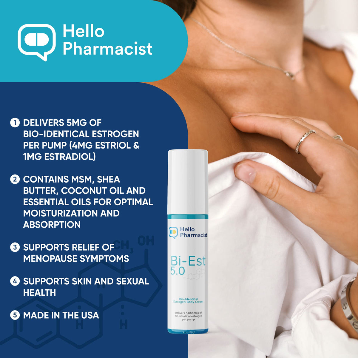 HelloPharmacist Natural Bioidentical Bi-EST 5.0 Estrogen Menopause Relief Cream for Women