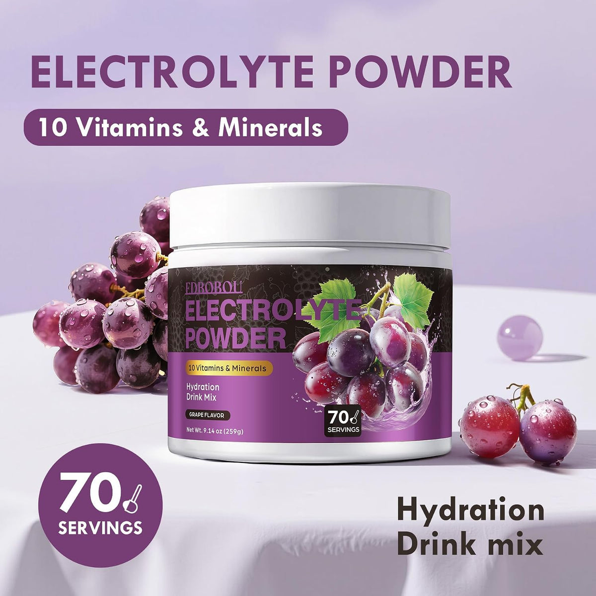 Sugar Free Electrolyte Powder Grape Flavor 70 Servings Refreshing Hydration with Potassium, Sodium & Magnesium Gluten-Free, Ideal for Athletes