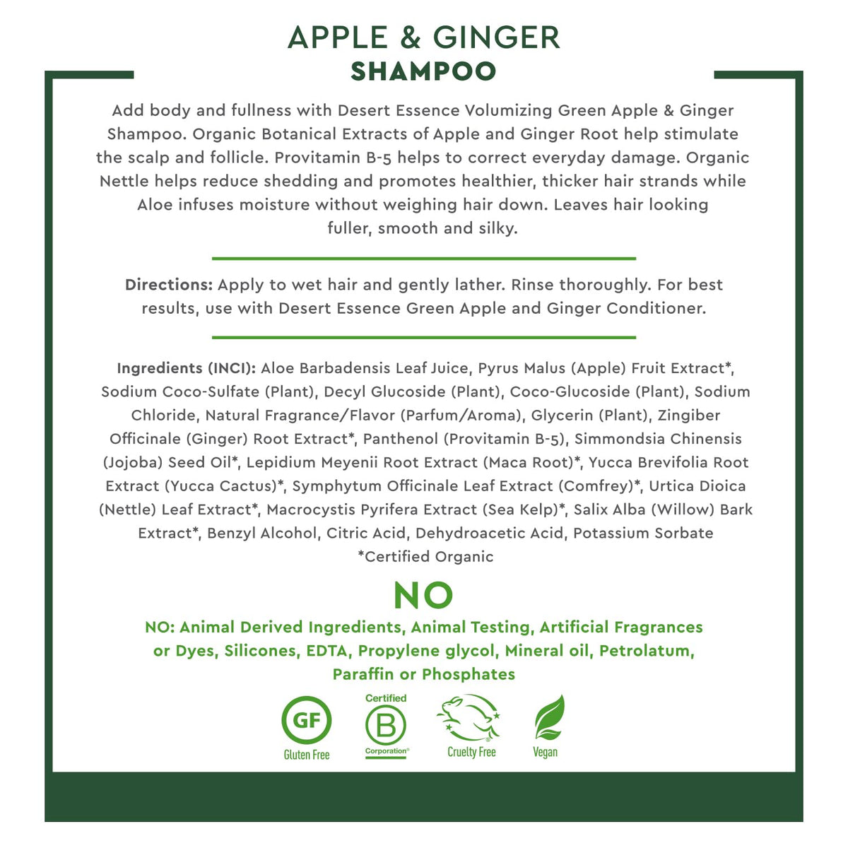 Desert Essence Green Apple and Ginger, Volumizing Shampoo, 8 oz