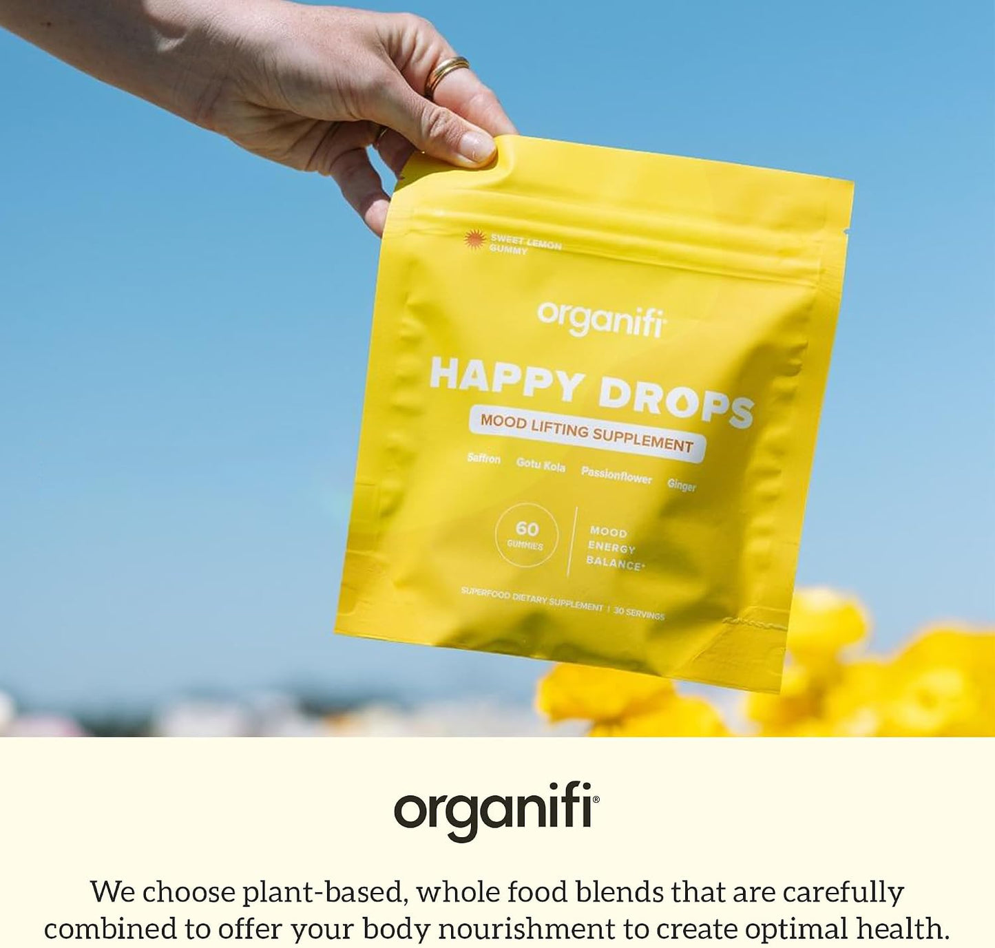 Organifi Happy Drops - Daily Superfood Happy Gummies for Adults - Mood Support Supplement for Balance, Bliss, Energy and Taking the Edge Off - Sweet Lemon Flavor - 60 Gummies