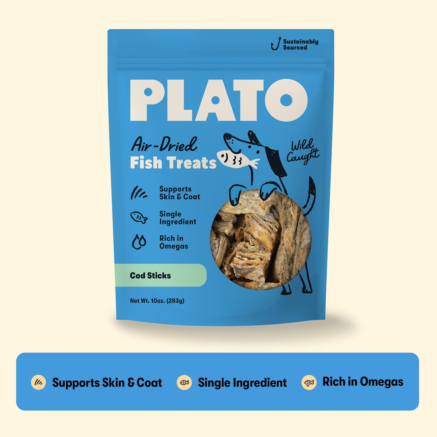 Plato Single Ingredient Wild-Caught Cod Skin Bites Dog Treats, Air-Dried Omega-Rich Skin & Coat Support, 10 oz