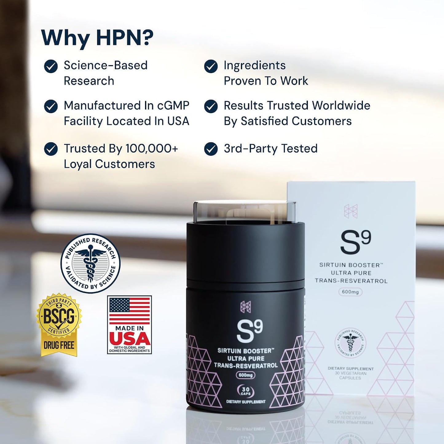 HPN S(9) Sirtuin Booster Ultra Pure Trans Resveratrol Healthy Aging Antioxidant Supplement, High Performance Nutrition, 30 Capsules