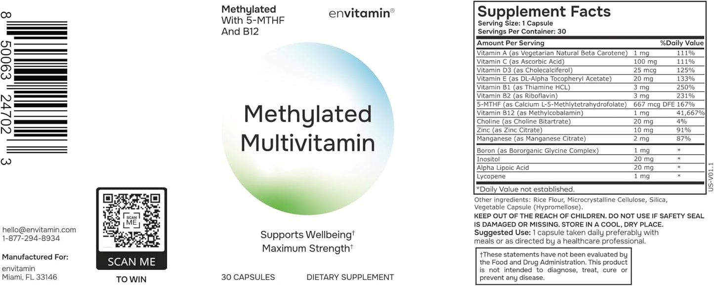 envitamin Methylated Multivitamin Multimineral Complex with L Methylfolate, Methylated B12, 5-MTHF, Inositol, and Lycopene