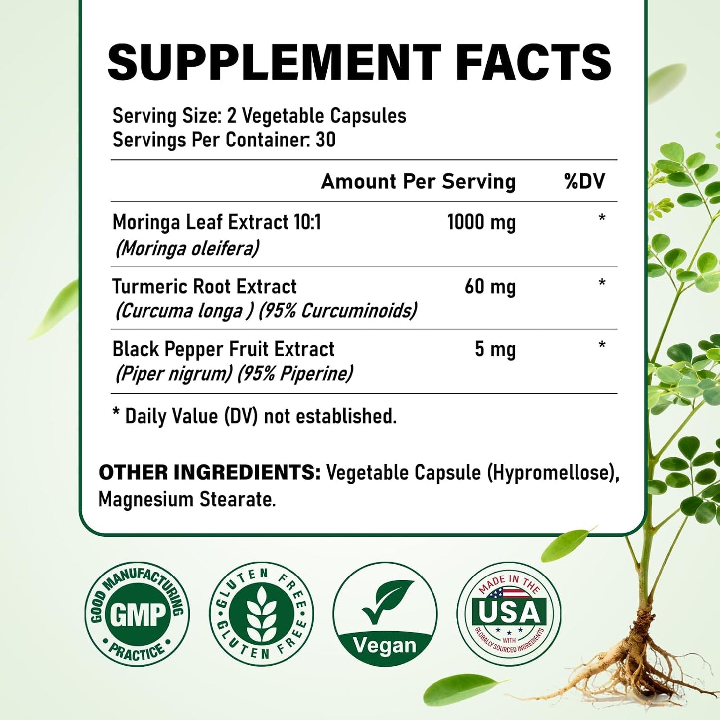 Organic Moringa Capsules 1000mg, 10:1 Leaf Extract Supplement with Turmeric & Black Pepper for Energy, Antioxidant, Immune Support, Vegan, 60 Capsules