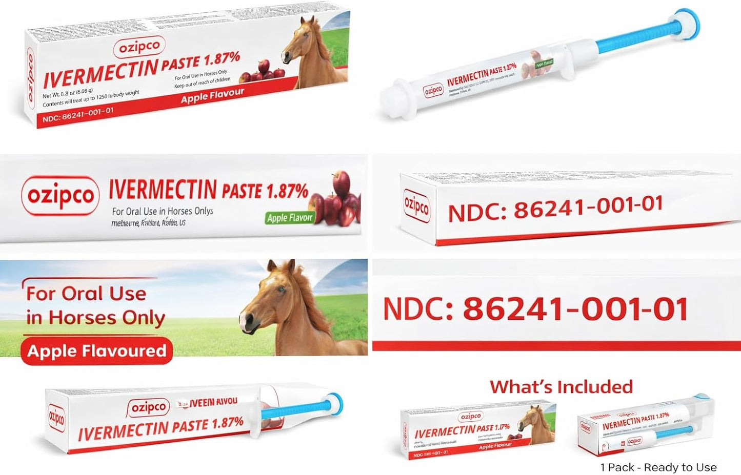Ivermectin Horse Paste 1.87% | Apple Flavor – 6.08g Syringe for Equine Use Only Up to 1250 LB