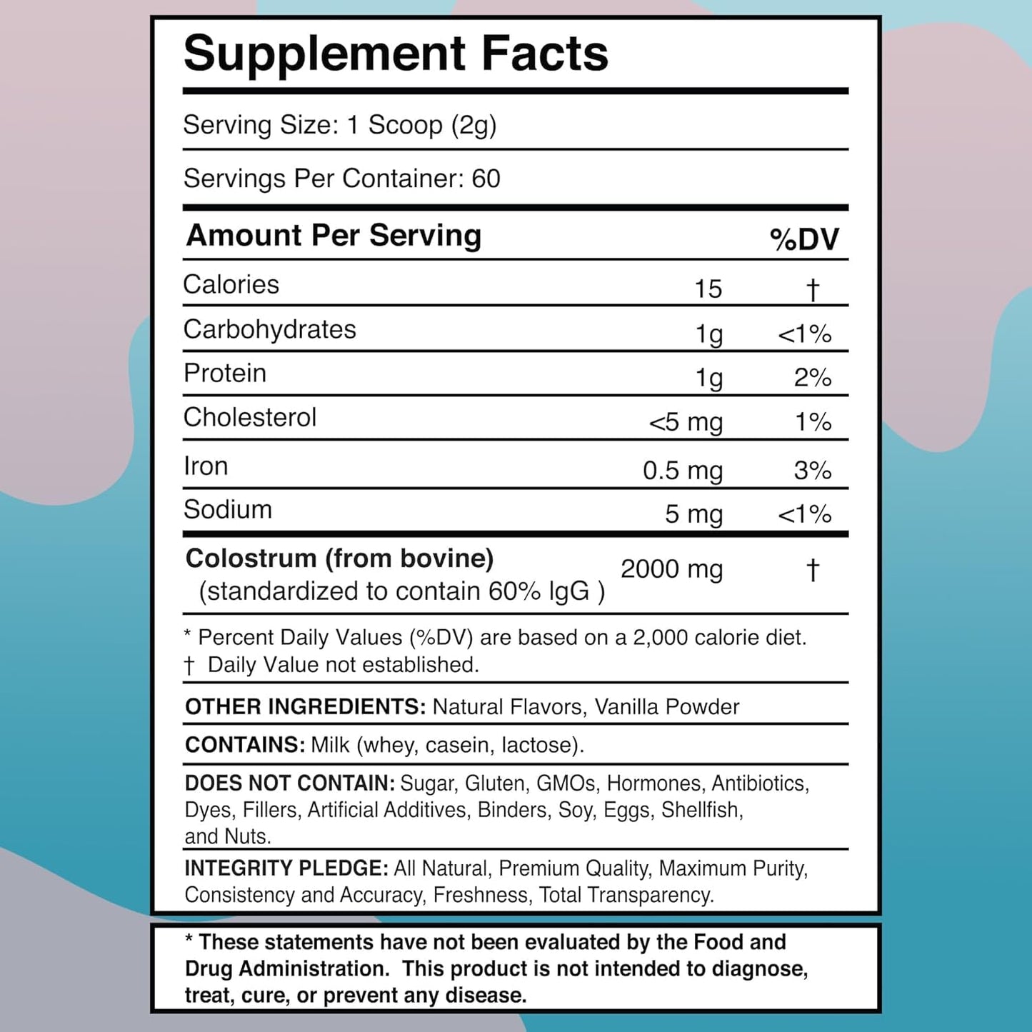 Colostrum Powder 2000mg - Vanilla Flavor, 60% IgG Bovine Colostrum Supplement for Gut Health, Immune Support, Clean Skin, Anti-Aging, Grass-Fed Calostro Bovino Powder, Keto, Gluten-Free - 60 Servings