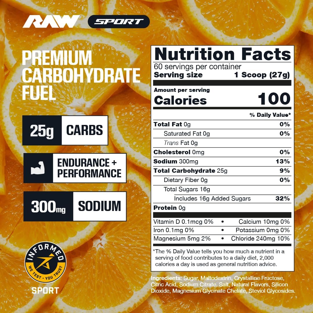 RAW Fuel, Premium Endurance Supplement Powder, Orange (60 Servings) - Peak Performance, Hydration & Stamina During Workouts, Training or Competition - 24g of Carbohydrates & 300mg of Sodium
