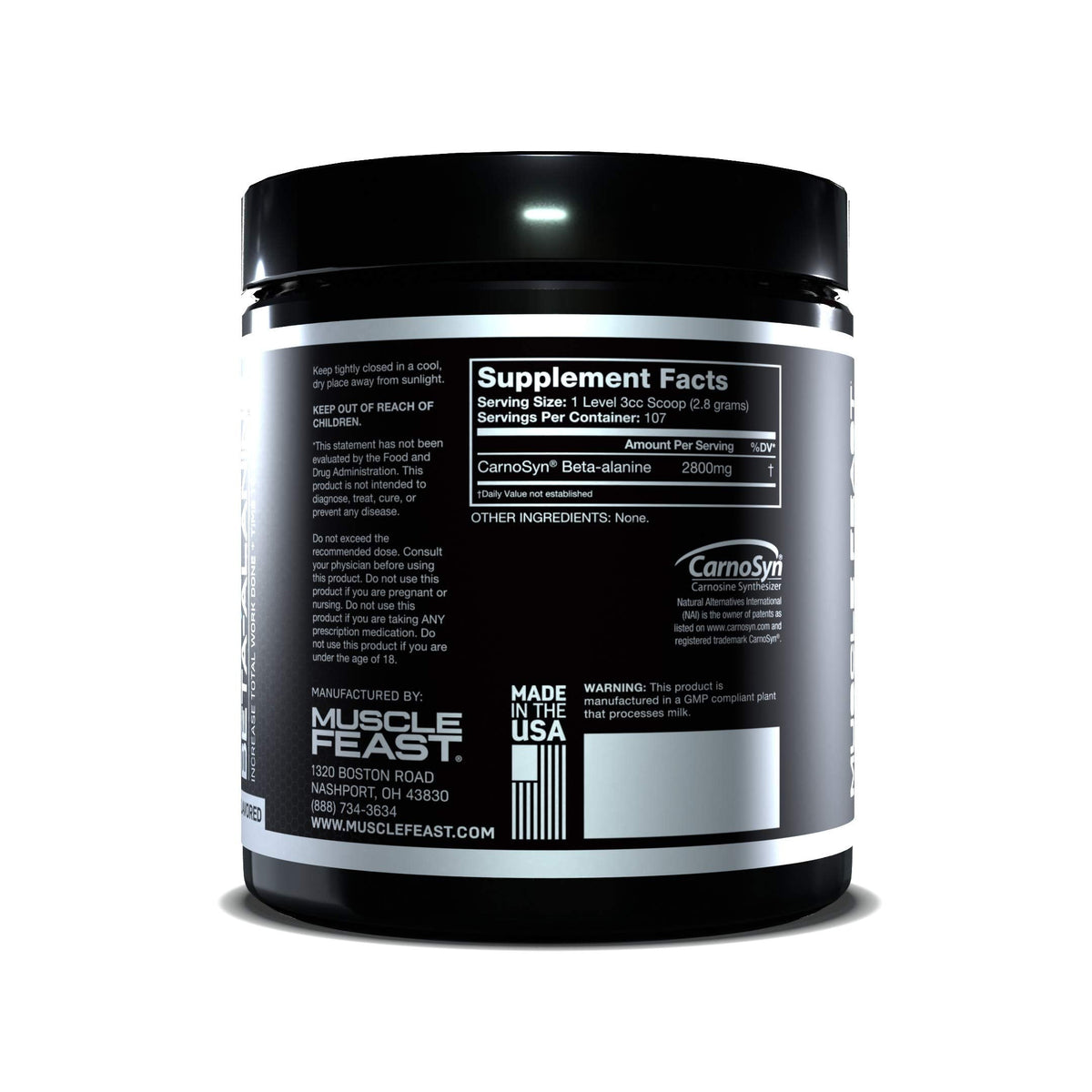 Muscle Feast Beta Alanine Powder, Pure CarnoSyn, Unflavored, Keto, Increase Athletic