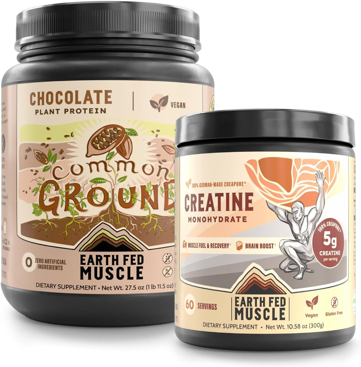 Earth Fed Muscle Vegan Performance Bundle – Chocolate Plant-Based Protein Powder + Pure German Creapure Creatine Monohydrate – Clean Muscle Building, Recovery & Energy – Gluten-Free, Soy-Free, Zero Su