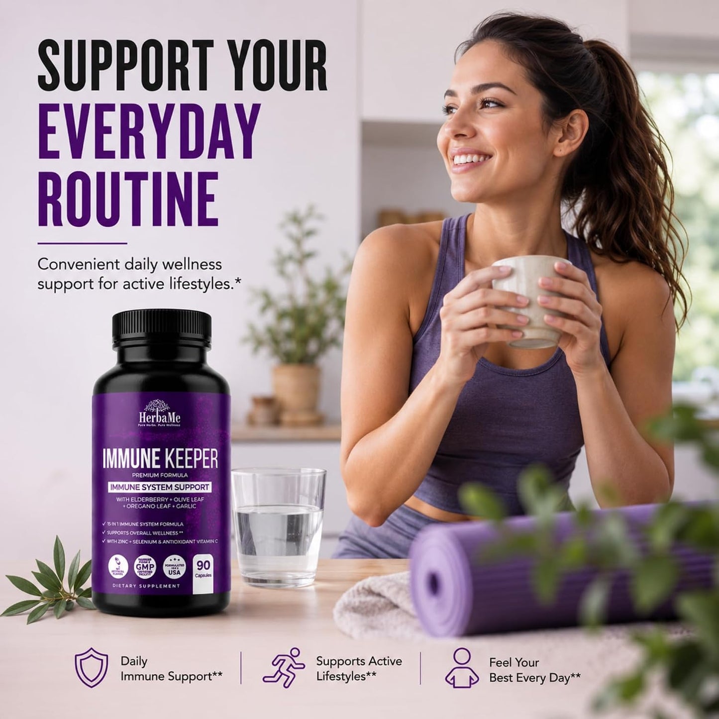 HerbaMe Immune Support Supplement, 15 in 1 Daily Wellness Formula with Elderberry, Quercetin, Zinc, Vitamin C & Selenium, Olive Leaf & Garlic for Men & Women, 90 Capsules