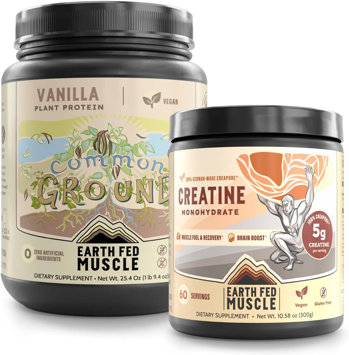 Earth Fed Muscle Vegan Fitness Duo – Vanilla Plant-Based Protein Powder with MCT Oil + German Creapure Creatine Monohydrate – Muscle Recovery, Clean Energy & Performance – 2-Pack