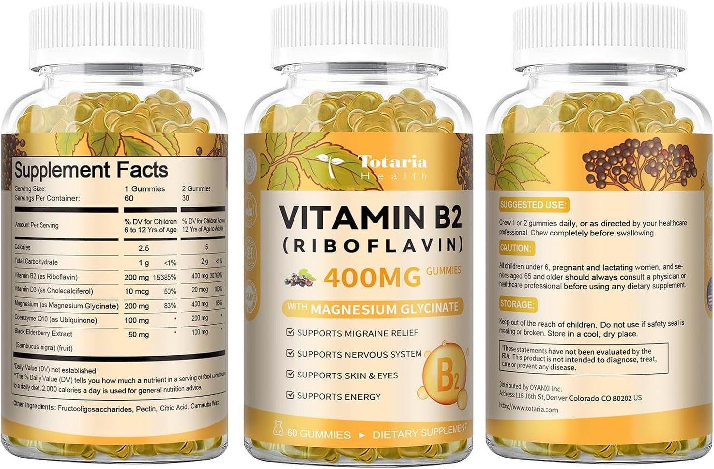 Totaria Vitamin B2 Gummies, Sugar Free Riboflavin 400mg Supplement for Adults & Kids with Magnesium Glycinate 400mg, COQ10 & Elderberry, Skin & Nervous System Support, Non-GMO, 60 Gummies